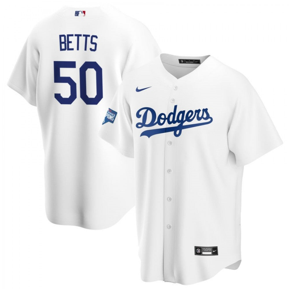 Men's Los Angeles Dodgers Mookie Bett #50 Nike White 2020 World Series Champions Home MLB Jersey