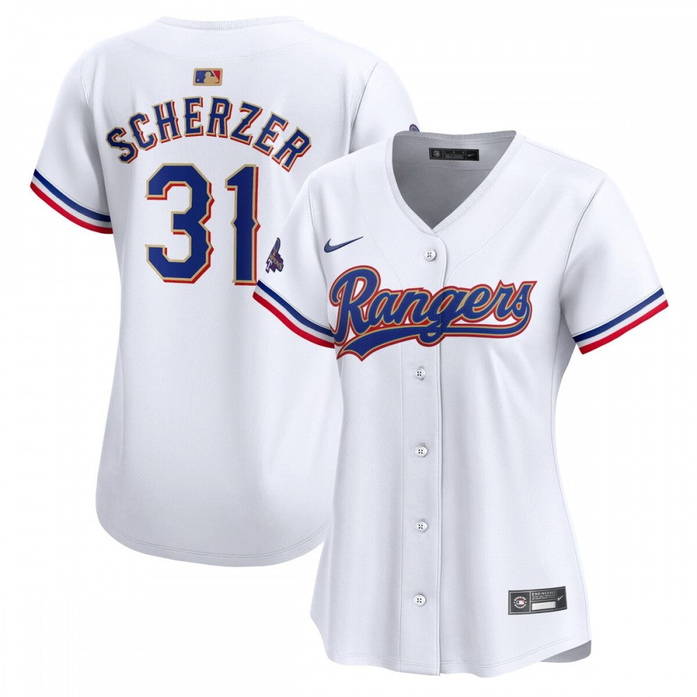 Max Scherzer Texas Rangers Nike Women's 2024 Gold Collection Limited Player MLB Jersey?C White
